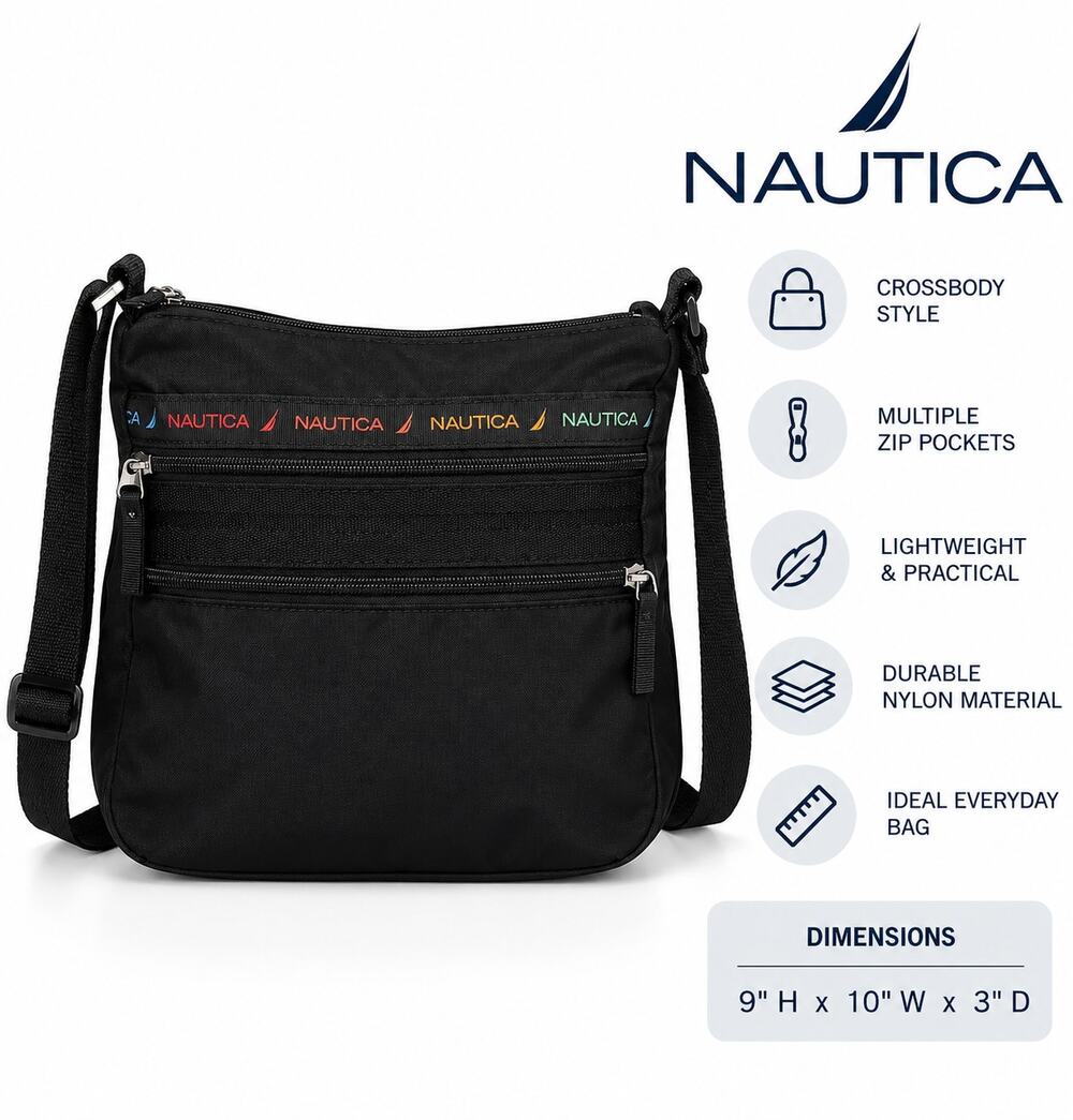 Nautica Black Nylon Crossbody Shoulder Bag Adjustable Strap Multi Pocket